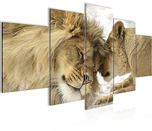 Runa Art - Cuadros Decorativos Leones Amor 200 x 100 cm 5 Piezas XXL Decoracion de Pared Diseño Beige 002151a