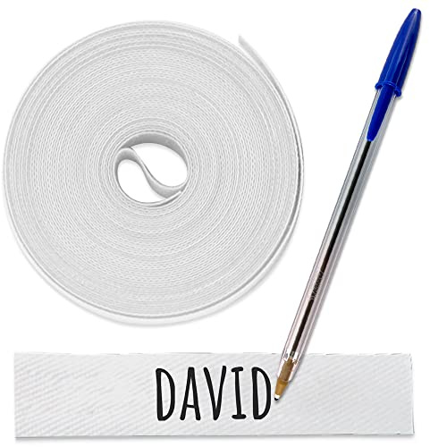 1 Rollo de cinta de tela de 3 metros x 1 cm de color Blanco. Etiqueta termoadhesiva para escribir con boli. Incluye Bolígrafo