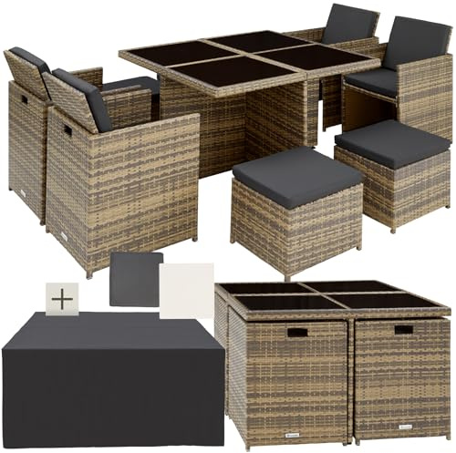 tectake® Salon de Jardin Extérieur 8 Places - 4 Chaises Confortables, 4 Tabourets, Table en Poly Rotin, Structure en Aluminium - Mobilier pour Aménagement Balcon Terrasse - Marron Naturel