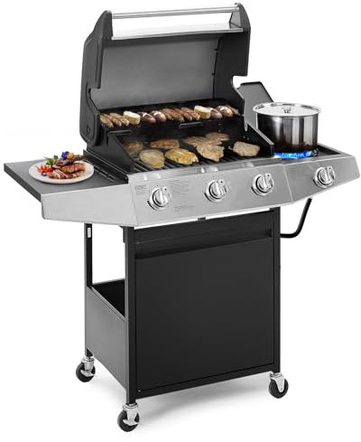 Lyromix Grand barbecue au gaz propane avec 3 brûleurs et brûleur latéral, barbecue d'extérieur avec grilles en fonte émaillée en porcelaine, barbecue de camping en acier inoxydable pour terrasse,