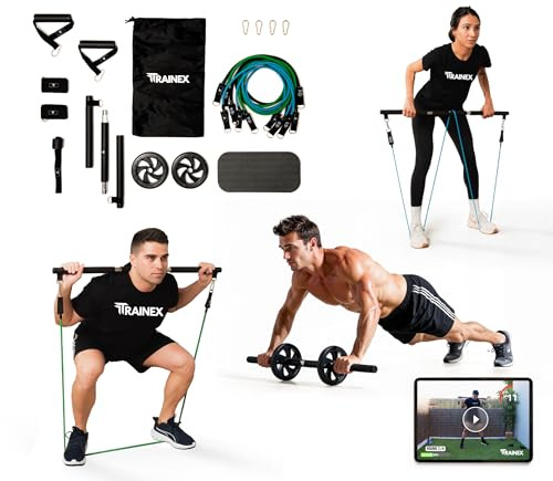Elastici Fitness con Barra | Bande di Resistenza fino a 100 kg | Kit Allenamento a Casa Completo | Workout Efficace per Tutto il Corpo | TRAINEX