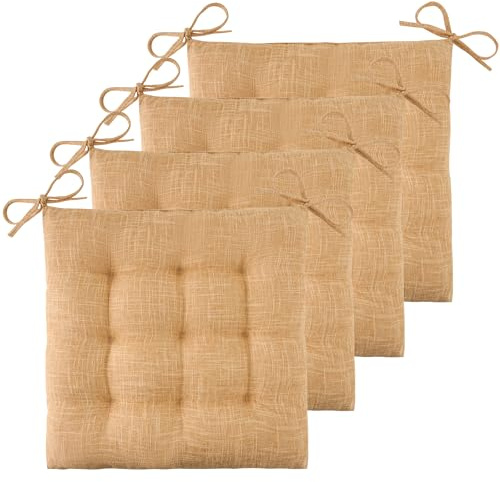ELFJOY 4 Pack Chair Cushions for Dining Kitchen Chairs 18 Inches Seat Cushion Pads Warm Thick Tufted Textured Comfort Chair Cushions for Office with Ties(18, Khaki)