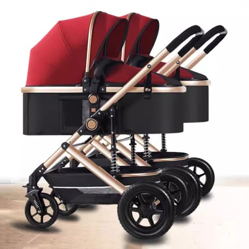 Baby-Kinderwagen Kleinkinderwagen Für Zwillinge Nebeneinander Doppel-Kinderwagen, Zusammenklappbarer Doppelsitz-Tandem-Kinderwagen Gummiräder Hochformatiger Umkehrbarer Kinderwagen ( Color : Red )