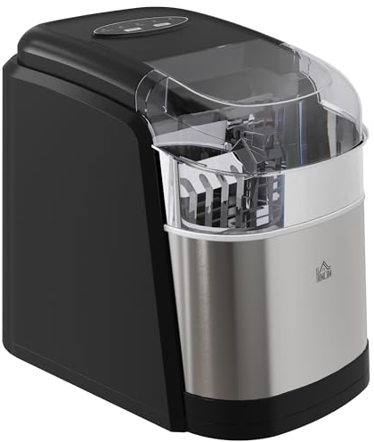 HOMCOM Ice Maker Machine Countertop, 12Kg in 24 Hrs, 9 Cubes Ready in 6-12Mins, Portable Ice Cube Maker with 2 Ice Cube Sizes, Self-Cleaning, Ice Scoop and Basket for Home, Kitchen, Party