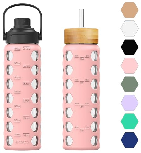HYDRAGLAZIC 700ML Glass Water Bottle with 2 Flip and Bamboo Straw Lids Sports Water Tumbler with Time Reminder and Silicone Sleeve Leak-proof BPA Free, Pink