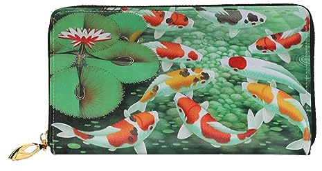 Damen-Geldbörse aus Leder, japanischer roter Karpfenfisch, großes Fassungsvermögen, Kartenhalter, Damengeldbörse mit mehreren Kartenfächern, lange Damengeldbörse mit Reißverschlussfach, 19 x 10,5 cm,