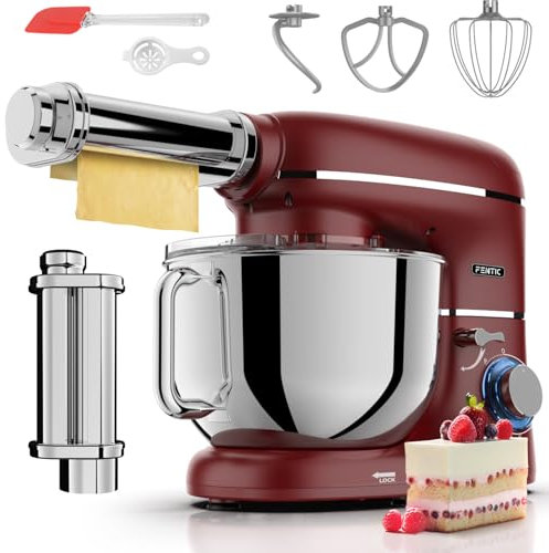 Fentic Robot Pâtissier avec Machine a Pates Fraiche – 2000W – Robot Cuisine avec Machine a Pate – Laminoir a Pate - 6,2L Bol Mélangeur (Rouge)