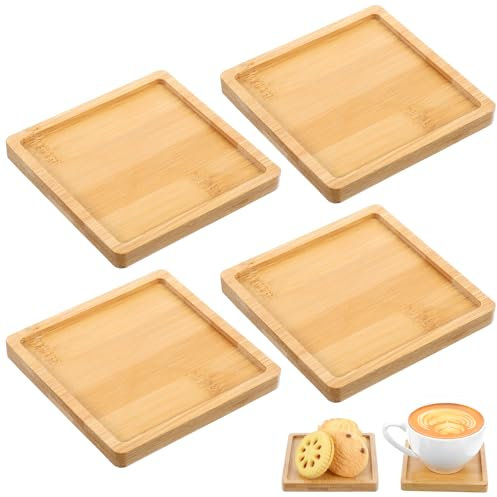 JIEYAO Lot de 4 plateaux carrés en bambou, 9 cm, petit plateau en bois, fait à la main, en mosaïque, plateau de service, dessous de verre en bambou, dessous de verre pour plantes
