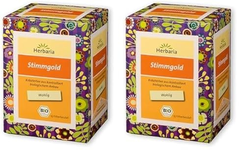Herbaria Stimmgold Tee bio 15FB – 100% Bio-Kräutertee im Filterbeutel – perfekte Kräuterteemischung, für wohlige Wärme in Hals u. Rachen – natürlich wohltuender Teegenuss (Packung mit 2)