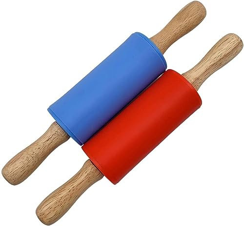 9-inch Mini Silicone Rolling pin, Non Stick Silicone Wood Handle Rolling pin, Small Roller Rubber mud Rolling pin Used for Dough, Pizza, Pastry Kitchen, Baking Equipment, Blue and red