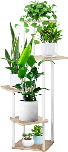 KAHEIGN 5 Niveles Soporte para Plantas de Interior, 106CM Alto Estante para Plantas de Exterior Expositor de Madera para Plantas para Patio Balcón Boho Hogar Jardín Plantas Maceta Decoración (Blanco)
