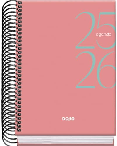 Dohe - Agenda Escolar 2025 2026 - Día Página, Tamaño A6 (12x17 cm), Español e Inglés, Septiembre a Junio, Cierre de Espiral, Tapa Dura - SYSTEM Rosa