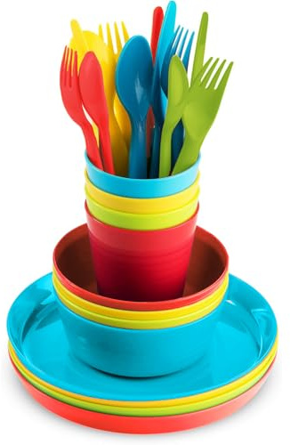24Pcs Kids Plates and Bowls Sets, Tableware Set, Reusable Plastic Dinnerware Set, Unbreakable Kids Dinner Plates & Salad Bowls, 240ml Cups, Knife & Fork & Spoon, BPA Free, Kids Dinner Set for Picnics