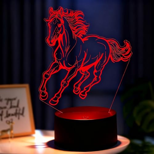 Pararty Lampada 3D Cavallo, 3D Illusione Luce Notturna, 7 Colori Liberamente Commutabili, Alimentazione USB e a Batteria,Regali di Natale per Ragazze Ragazzi Soggiorno Arredamento Camera da Letto