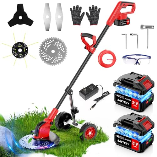 Lacoco 12 Pouces Debroussailleuse Électrique sans Fil 850W avec 2*3.0Ah Batteries 4 Types de Lames Roues Réglable Coupe Bordure à Batterie Coupe-Herbe à Gazon Poignée Télescopique pour Pelouse Jardin