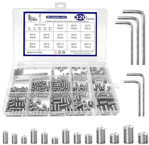 320 Pcs Metric Set Screw M3 M4 M5 M6 M8 Hex Socket Head Multi-Size Kit,304 Stainless Steel Set Screw Assortment Kit, for DIY & Professional Use with Storage Box