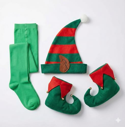 labreeze Holiday Elf Costume Set with Striped Hat, Green Tights, Jingle Bell Shoes, Christmas Dress Up Accessories, Adult Size, Red and Green Holiday Party Outfit