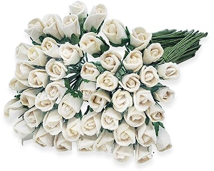 ChangThai Design Tiny ¼ Inch Diameter White Rosebud Paper Rose 50 Pieces Bunch of Flowers for Scrapbook Craft Mulberry Paper Mini Artificial Flower Card Wedding Dollhouse Décor
