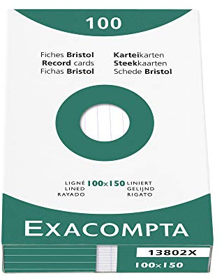 Exacompta - Ref 13802X - Förpackning med 100 operforerade linjerade indexkort - storlek 100 x 150 mm - kompatibel med bläckstråleskrivare, laser och kopiatorer - färg vit
