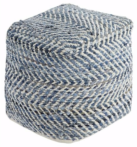 Signature Design by Ashley Chevron Handmade Woven Pouf 18 x 18, Blue and White