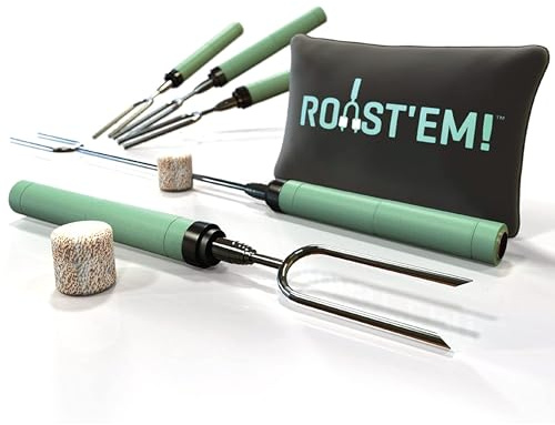 Jolly Green Products Rotating Marshmallow Roasting Sticks for Campfire & Bonfire | Extra Long Hot Dog & Smores Sticks for Fire Pit | Camping Smores Kit | Retractable Campfire Skewers | Set of 5