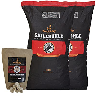 BlackSellig Steakhouse Grillkohle - Premium Quebracho Blanco Holzkohle | Lange Brenndauer | Hohe Hitze | Geringe Rauchentwicklung (20kg + 50 Anzünder)