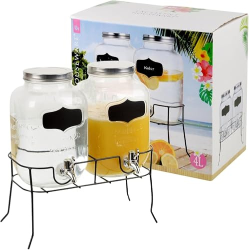 2er Set 4L Hochwertiger Getränke Spender aus Glas mit Ständer, Zapfhahn und Gestell Saftspender Dispenser Getränkespender Wasserspender Limonadenspender Trinkspender Schorle