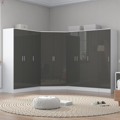 Reflect 4pc Wardrobe Bundle | 2 Door Corner + 2x 3 Door Plain + 1 Door Plain | Grey Gloss & Matt White Finish | H: 180cm x W: 365cm x D: 103cm | Modern Bedroom Furniture Storage Solution