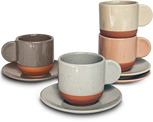 Mora Ceramic Mini Espresso Cups Set of 4, 3oz - Tiny Italian Inspired Mugs With Saucers For Small Shots of Coffee - Modern Boho Style For Any Kitchen or Cafe. Microwave Safe Porcelain - Asstd Neutrals
