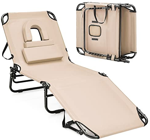 LIFEZEAL Tumbona Plegable Silla Reclinable de 5 Posiciones con Orificio Facial, Capacidad de Carga de 150 kg, Tumbona de Tela Oxford con 3 Cojines Extraíbles para Exterior (Beige)