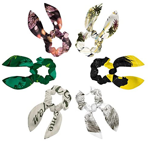 6PCS Hair Scarf Scruncheis for Women Girls, Ribbon Bow Elastic Hair Ties Bands Satin Hair Ribbon Scrunchy Ponytail Holder Accessories,Palm Tree Sailboat Island