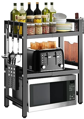 Three Tier Expandable Microwave Rack Kit, Space Adjustable Microwave Shelf Stand with 6 Hooks + Cutting Board Holder + Utensil Holder for Kitchen Countertop Organizing (Extendable from 40-60cm)
