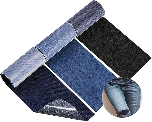 MCSQK 3 Rollen Jeans Flicken zum Aufbgeln, 8 * 51cm Innen und Auen Denim Patches zum Aufbgeln, Selbstklebende Bgelflicken fr Kinder Erwachsene Kleidung Lochreparatur Dekoration Schwarz Dunkel Hellblau