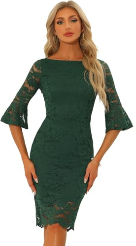 Allegra K Mujer Vestido Tubo de Encaje Cuello Barco Manga Acampanad Vestido de Cóctel Vintage Verde Oscuro XS