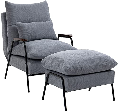 HOMCOM Relaxsessel mit Hocker Sessel mit Verstellbar Rückenlehne, Liegefunktion, Kissen, Loungesessel Modern Polstersessel mit Kord-Optik für Wohnzimmer bis 180 kg belastbar, Hellgrau