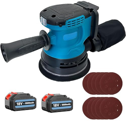 Akku Exzenterschleifer für Makita 18V Akku, Bürstenloser Ersatzmotor mit 5500mAH Akku*2 Exzenterschleifer Durchmesser 125 mm 3 Gang Getriebe 12 Stück Schleifpapier Zusätzlicher Handgriff