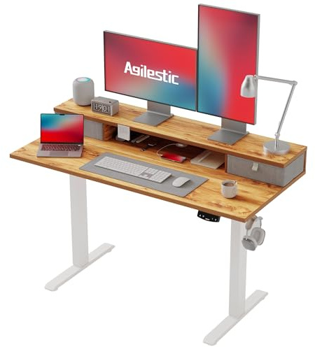 Agilestic Electric Adjustable Height Desk with 2 Drawers, 120 x 60 cm, Stable Sit-Stand Desk with Memory Control, Ergonomic Computer Desk, Light Brown