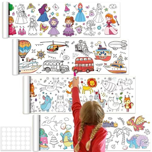 4 Pack Colouring Drawing Paper Roll for Kids, 3m x 30cm Children's Drawing Roll with Double-Sided, Coloring Paper Roll DIY Painting Color Filling Paper for Toddler Drawing