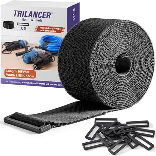 Trilancer 7.5 cm x 5 m Extra Kraftigt Fästband med 10 Spännen – Justerbara, Klippbara i Valfri Längd, Återanvändbara Snabbspännen för Att Fästa Kablar, Slangar, Rör, Cykel, Bagage, Camping, Paneler
