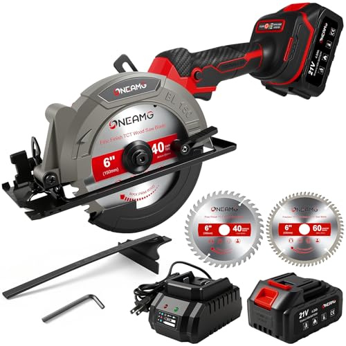 6 Cordless Mini Circular Saw, 21V Compact Wireless Circular Saw, 4.0Ah Battery, 5800RPM, Max Cut 2-1/6 (90°), 1-1/4 (45°),w/40T & 60T Blades,Fast Charger (1Hr),Applicable to Wood,Aluminum & Plastic