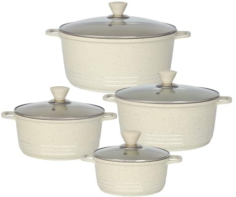 GRACE KITCHEN Cookware - 4Pc Die Cast Aluminium Non Stick Casserole Pots with Lids – Induction Stockpot Set for All Hobs – Tempered Glass Lids with Steam Vent