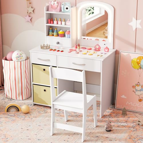 GYMAX Kids Vanity Table and Chair Set, Wooden Children Dressing Tables with 2-Color LED Lighted Mirror, Drawers, Shelves & Removable Bins, Girls Makeup Desk Set for 3 Years Old+ (White)