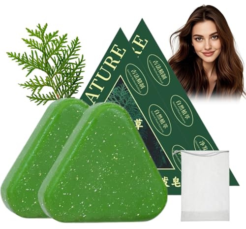 2PCS Nature Triangle Shampoo Bar with Foaming Net, Nature Seven Green Soap Shampoo, Usman Grass Hair Shampoo Bar for Women & Men, Solid Shampoo and Conditioner Bars for Strengthens Smooths Hair