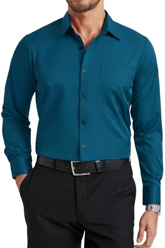 Enlision Camisa Verde Azulado Hombre Sin Plancha Elastica Manga Larga Camisas Vestir Ajuste Regular Negocios Oficina Formal Cuello con Botones y Bolsillo L