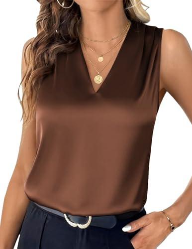 Zeagoo Satin Top Mujer Elegante Seidentop Escote En V Blusentops Sin Mangas Tank Top Verano Satin Shirt Falten Satinbluse S-XXL