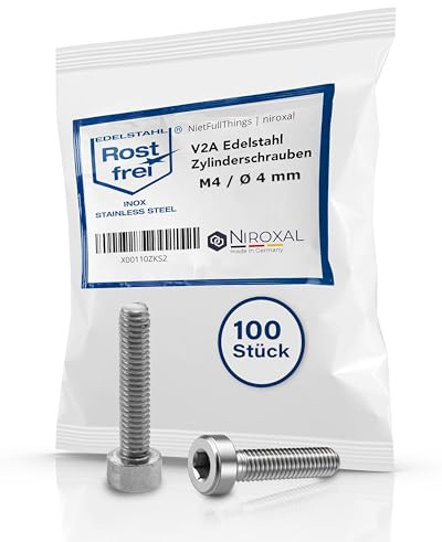 Tornillos Allen Cabeza Cilíndrica M4 (4 mm) Acero Inoxidable (AISI 304) V2A DIN 912 / ISO 4762 | Hexagonal Interior | Rosca Completa 16 mm | Largo 16 mm | 100 uds