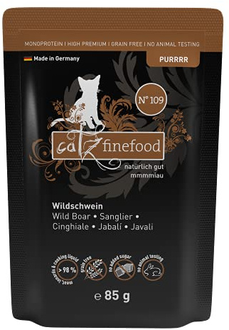 catz finefood Purrrr Wildchwein Monoprotein Katzenfutter nass N° 109, für ernährungssensible Katzen, 70% Fleischanteil, 16 x 85g Beutel