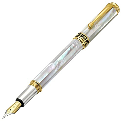 Xezo Maestro Medium Nib Stylo-plume, Oceanic Origin White Mother of Pearl avec or 18 carats et placage platine pur. Fait main, édition limitée et sérialisée. Pas deux égaux