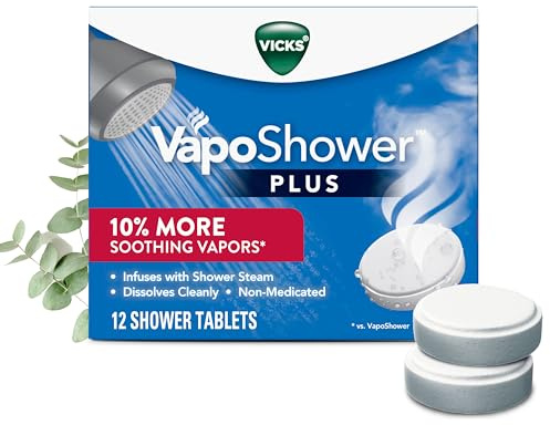 Vicks, VapoShower Plus, Shower Steamers, Eucalyptus Shower Steamer & Menthol Scent, Clean Dissolving Vapor Shower Tablets, Aromatherapy Shower Steamer & Shower Bombs, 12 count