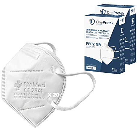 OneProtek FFP2 NR Maske, 2 Packungen mit 10 Stück, CE-zertifiziert, EN149 zertifiziert, Atemschutzmaske, 5 Schichten Filtration, weiß, bequem und stark elastisch